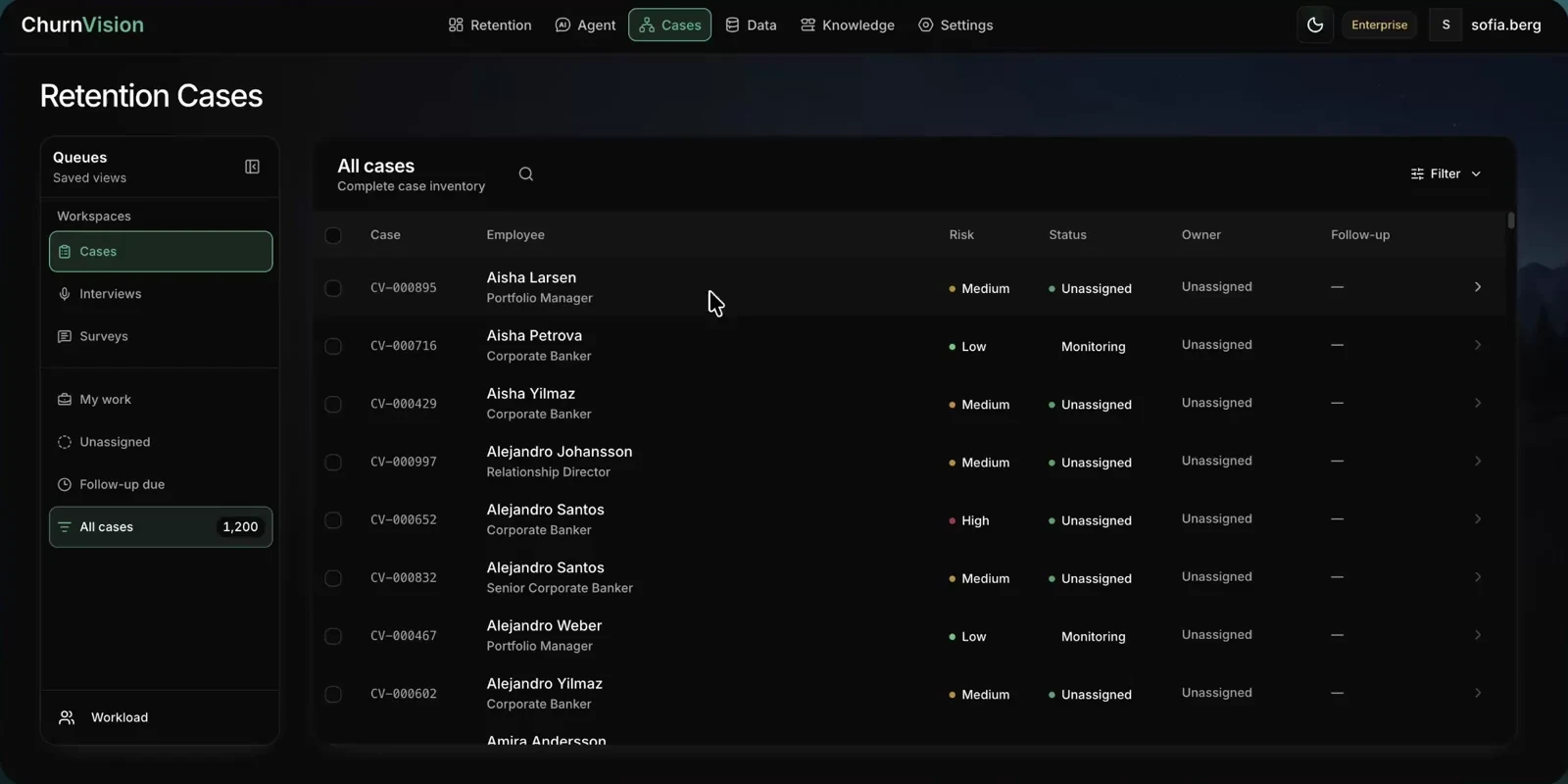 ChurnVision case inventory with risk, status, owner, and follow-up columns.