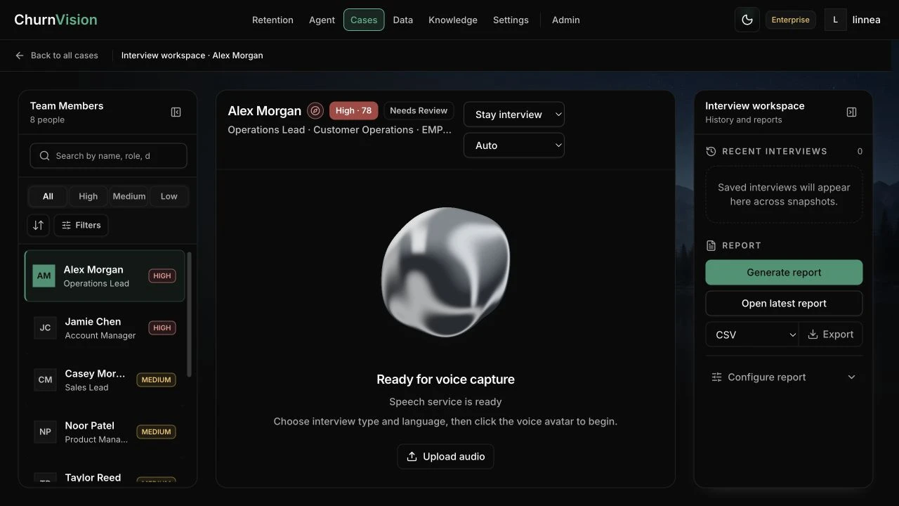 Current interview workspace with team members, voice capture, and history and reports.